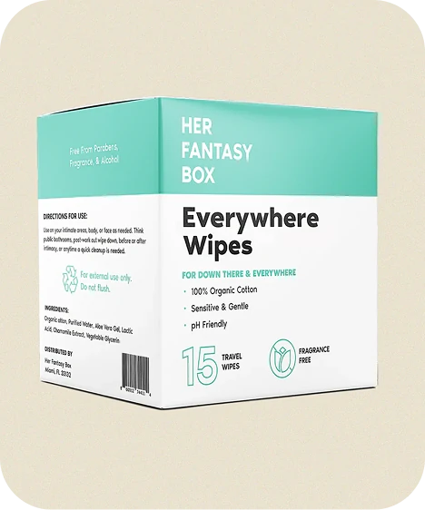Her Fantasy Box Everywhere Wipes box — 100% organic cotton, pH-friendly wipes for down there and everywhere